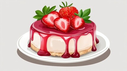 A delicious cheesecake topped with fresh strawberries and berry sauce on a white plate.