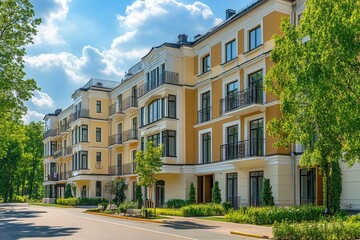 Fototapeta premium Modern apartment building with a sidewalk and trees in front.