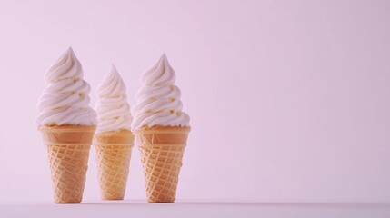 Three ice cream cones with swirled soft serve against a pastel background.