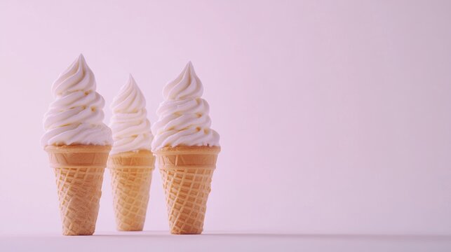 Three ice cream cones with swirled soft serve against a pastel background.