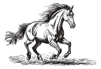 horse running prancing engraving black and white outline