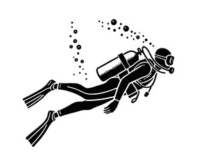 scuba diver underwater engraving black and white outline