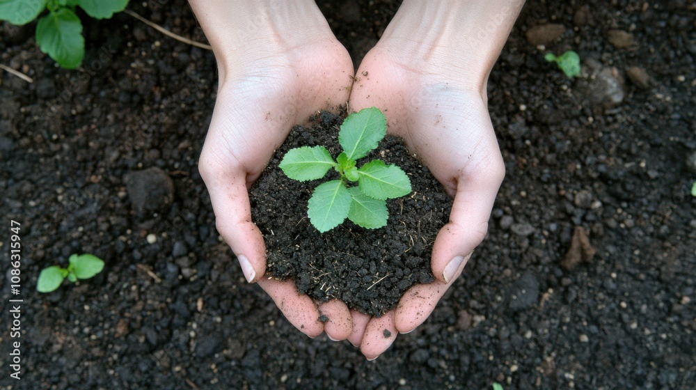 Poster two hands are cradling a small seedling surrounded by dark, fertile soil, illustrating a moment of c