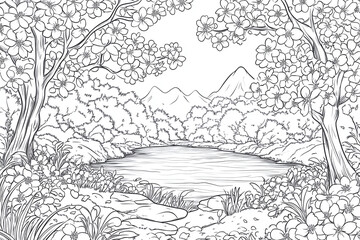 Obraz premium Coloring page of cherry blossom garden in full bloom, expert enhancement of petal details and light line art suitable for coloring book, clean black outlines on white.