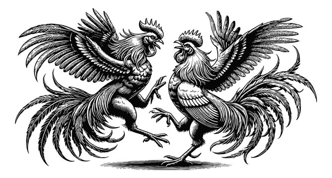 two roosters in a fight engraving black and white outline