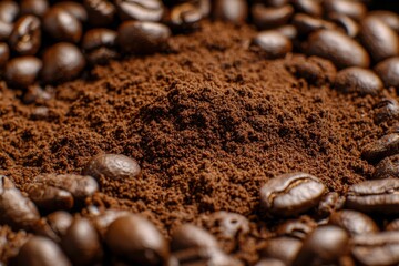 Close-Up View of Coffee Beans Surrounded by Freshly Ground Coffee Powder, Showcasing the Rich Texture and Aroma of Premium Coffee Ingredients in a Beautiful Composition