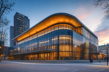 Obraz premium Modern architecture building with glass facade illuminated at dusk.