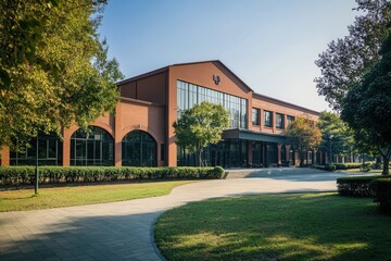 Fototapeta premium Modern brick building with large windows and a walkway leading to the entrance.