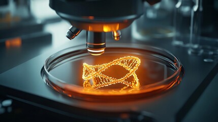 Microscope displaying intricate genetic modification process, symbolizing advanced scientific research and potential for biotechnology breakthroughs.