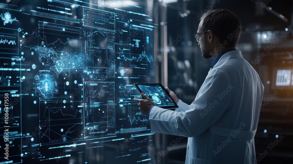 Leinwandbilder A doctor in a white coat reviews advanced medical data on a tablet, surrounded by digital charts and graphs in a modern lab. Generative AI
