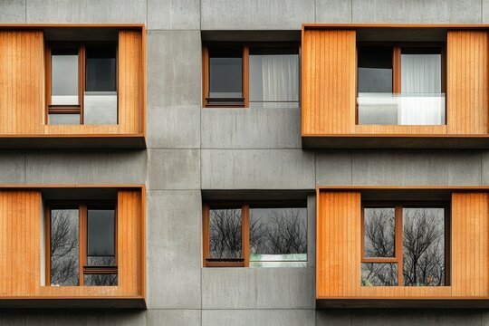 Modern building facade with wooden window frames.