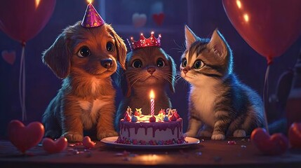 Adorable Puppy and Kitten Celebrating Birthday with Cake