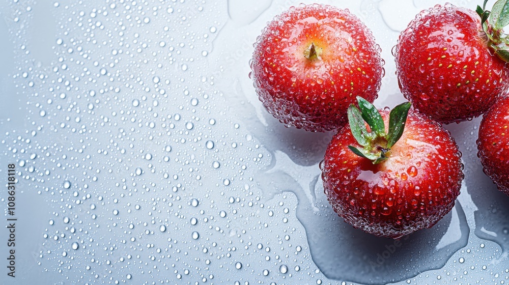 Aufkleber four shiny red apples sit together on a reflective surface, glistening with water droplets, creating