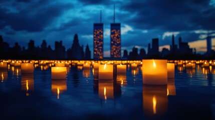Fototapeta premium A serene evening scene with candles reflecting near the Twin Towers, symbolizing remembrance.