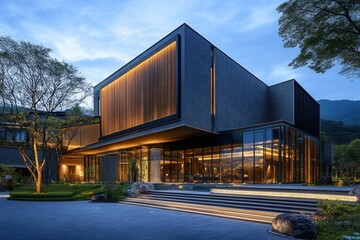 Obraz premium Modern building with illuminated facade and landscaping at dusk.