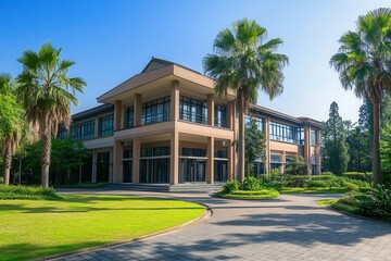 Modern building with palm trees and green lawn.