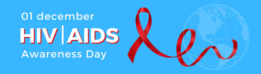 AIDS day, red ribbon and text on blue background
