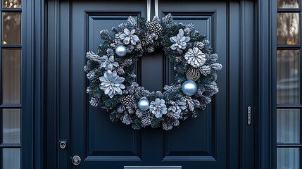 Frosted Christmas wreath with silver accents, hung on a matte black front door for a chic holiday welcome