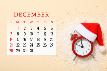 Calendar 2025, calendar for December on a beige background with a New Year's image