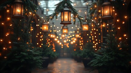 Festive indoor winter garden with hanging lanterns, evergreen branches, and string lights creating a warm, magical atmosphere