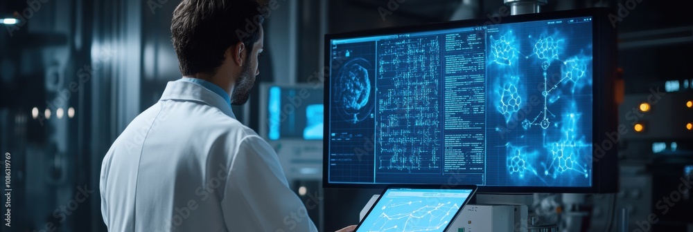 Leinwandbilder A doctor wearing a white coat is examining intricate brain scan data on a large screen in a state-of-the-art medical facility. Generative AI