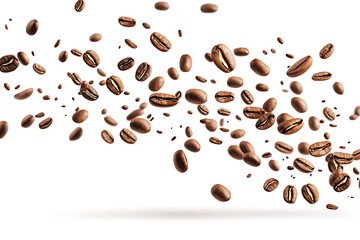 Obraz premium A dynamic arrangement of flying coffee beans against a white background.