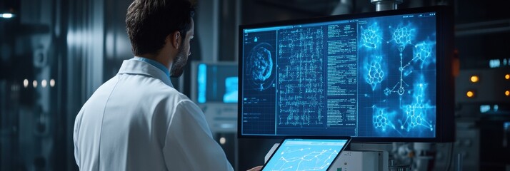 A doctor wearing a white coat is examining intricate brain scan data on a large screen in a state-of-the-art medical facility. Generative AI