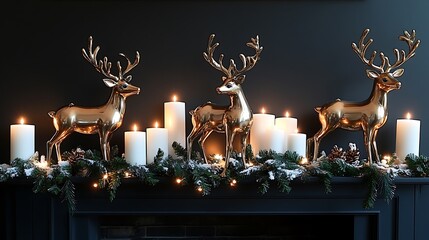 Elegant Christmas mantle design with sleek, metallic reindeer figures, white candles, and greenery with twinkling fairy lights, all set against a minimalist, matte black fireplace