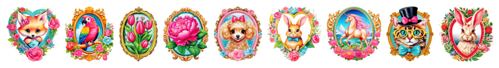 Vintage floral frame png cut out element set