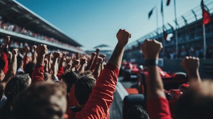 A crowd cheers as a race car speeds by on a sunny day at a motorsport event.