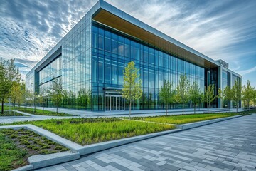 Obraz premium Modern glass office building with landscaped grounds.