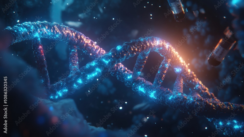 Poster The artwork captures a glowing DNA helix surrounded by a mysterious, starry environment, emphasizing the intricacies of genetic science. Generative AI