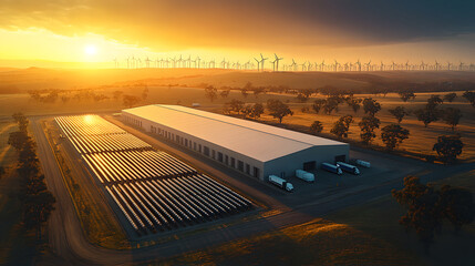 Fototapeta premium An aerial view of a sprawling energy storage facility illuminated by sunrise, featuring solar panels in the foreground and wind turbines on the horizon.