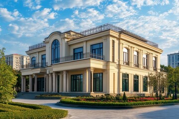Modern mansion with a classic design and a lush green lawn.