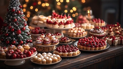 Naklejka premium Christmas-themed dessert table with intricate holiday treats, a mini decorated tree, and warm, ambient lighting against a dark wood backdrop