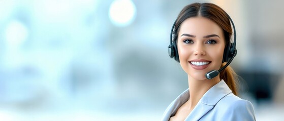 A professional woman smiling while wearing a headset, representing customer service or call center support in a bright, modern environment.