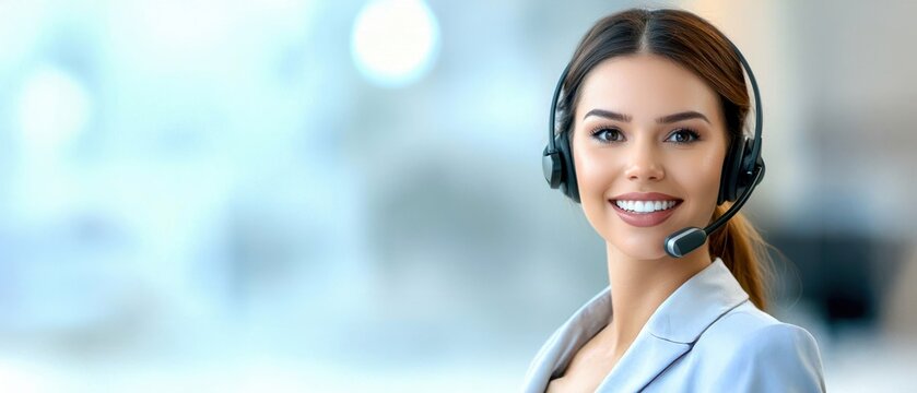 A professional woman smiling while wearing a headset, representing customer service or call center support in a bright, modern environment.