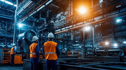 A busy industrial facility featuring workers in safety gear, operating machinery under bright lighting, highlighting a dynamic manufacturing environment.