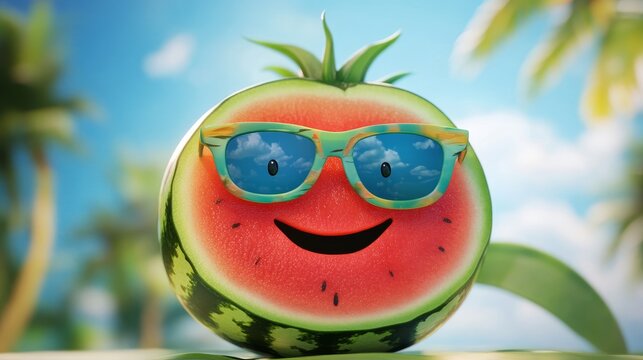 A fun and vibrant tropical watermelon character sporting stylish summer sunglasses, embodying the essence of sunny days and refreshing treats. 