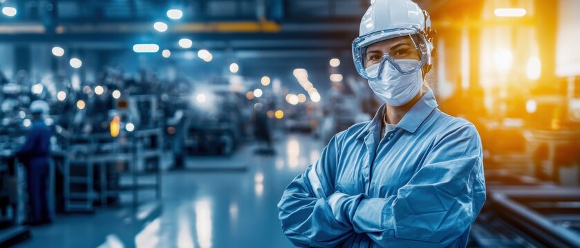 A factory worker in protective gear stands confidently in an industrial setting, highlighting safety and professionalism in a manufacturing environment.