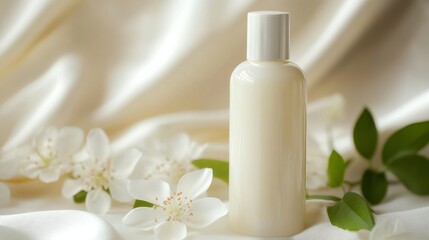 Elegant Body Lotion Bottle with White Cap Surrounded by Flowers on a Satin Background