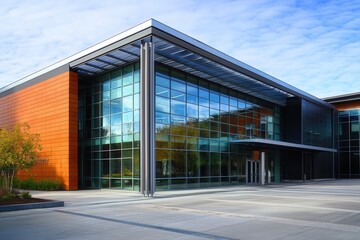 Obraz premium Modern office building with glass facade and a wood panel exterior.