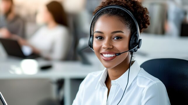 A smiling woman wearing a headset at a modern office, representing customer service, support, and teamwork in a professional environment.
