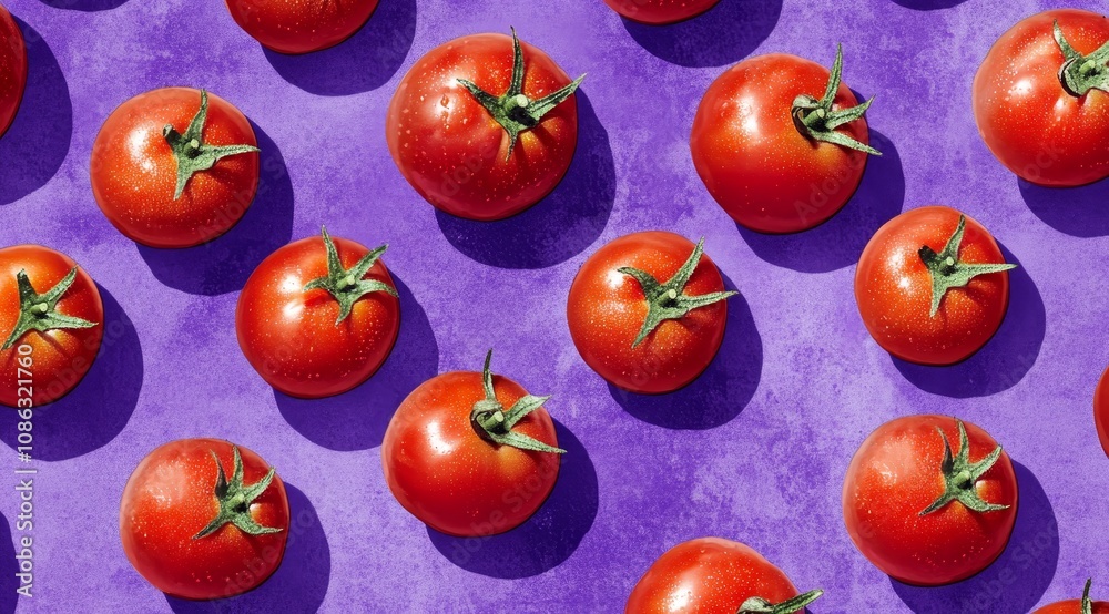 Poster a flat lay of fresh, red tomatoes arranged in a repeating pattern on a purple background.