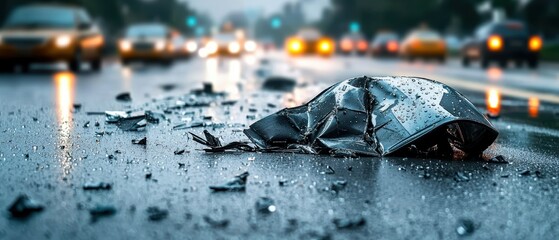 A rain-soaked street scene captures debris from a vehicle accident, highlighting the aftermath of a collision in an urban environment.