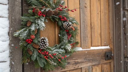 Christmas Wreath with Red Berries and Pinecones on Rustic Wooden Door – Cozy Holiday Scene with Snow, AI