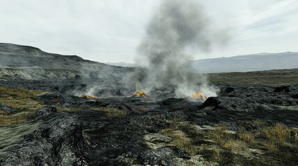 Volcanic landscape with smoke and lava amidst rocky terrain.