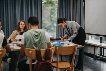 A teacher helps students in a classroom setting, fostering an interactive learning environment. The...