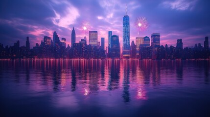 Obraz premium City skyline at twilight with fireworks reflecting on water.
