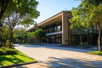 Obraz premium Modern office building with green trees and a paved walkway in front.